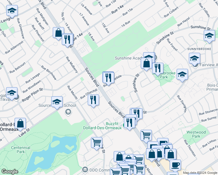 map of restaurants, bars, coffee shops, grocery stores, and more near 17 Rue Sunnydale in Dollard-des-Ormeaux