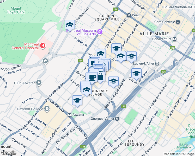 map of restaurants, bars, coffee shops, grocery stores, and more near in Montreal