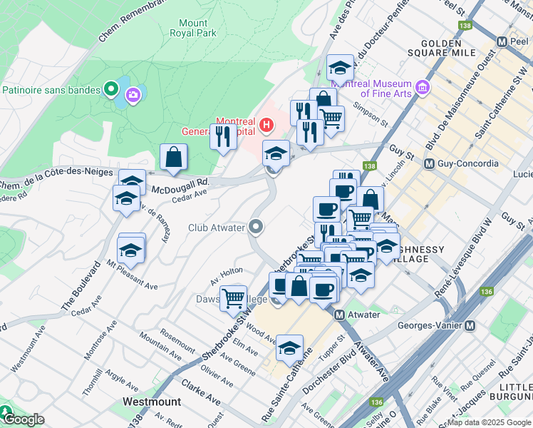 map of restaurants, bars, coffee shops, grocery stores, and more near 3577 Avenue Atwater in Montréal