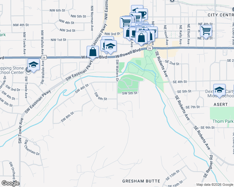 map of restaurants, bars, coffee shops, grocery stores, and more near 500 Southwest Walters Drive in Gresham