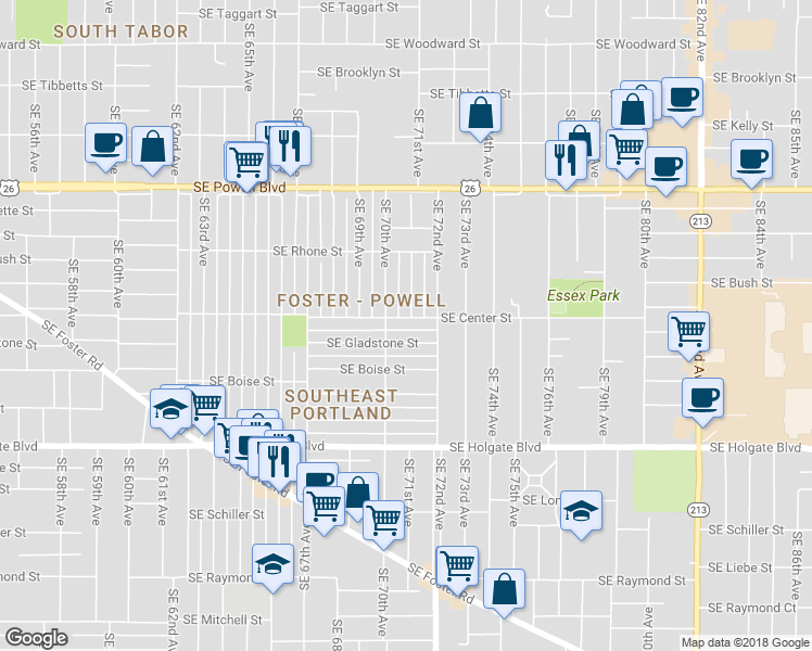 map of restaurants, bars, coffee shops, grocery stores, and more near 7032 Southeast Center Street in Portland