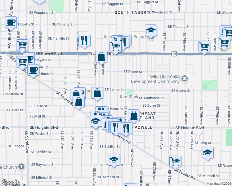 map of restaurants, bars, coffee shops, grocery stores, and more near 4023 Southeast 65th Avenue in Portland