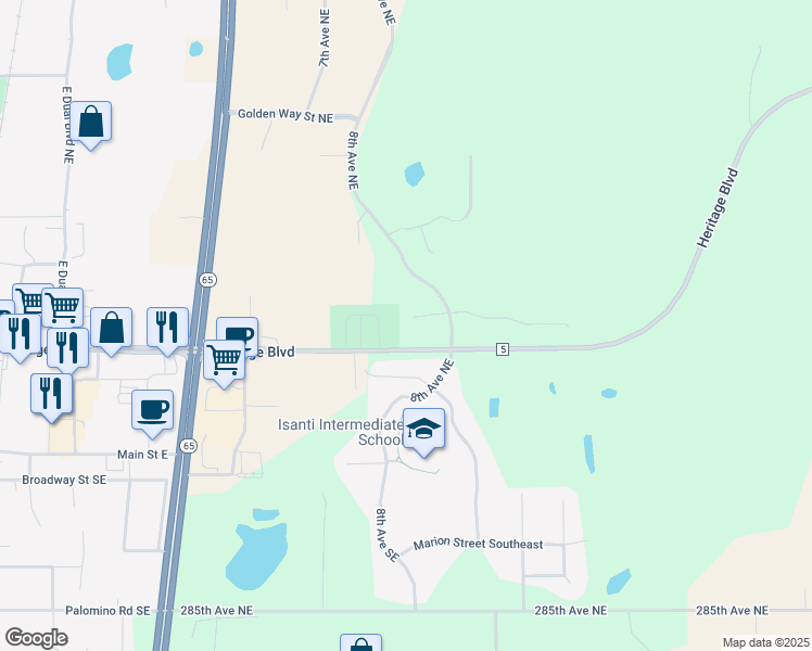 map of restaurants, bars, coffee shops, grocery stores, and more near 403 8th Avenue Northeast in Isanti