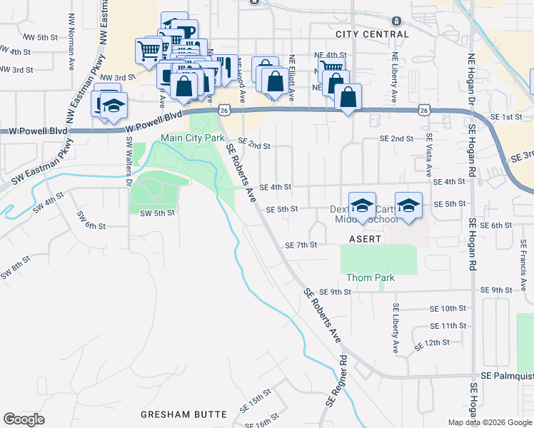 map of restaurants, bars, coffee shops, grocery stores, and more near 518 Southeast Roberts Avenue in Gresham