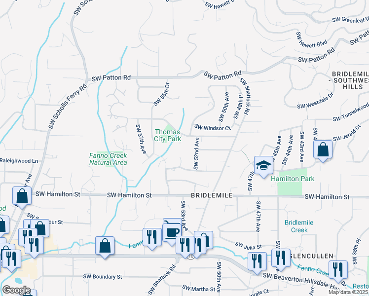 map of restaurants, bars, coffee shops, grocery stores, and more near 4040 Southwest 53rd Place in Portland