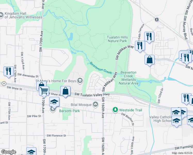 map of restaurants, bars, coffee shops, grocery stores, and more near 16085 Southwest Audubon Street in Beaverton