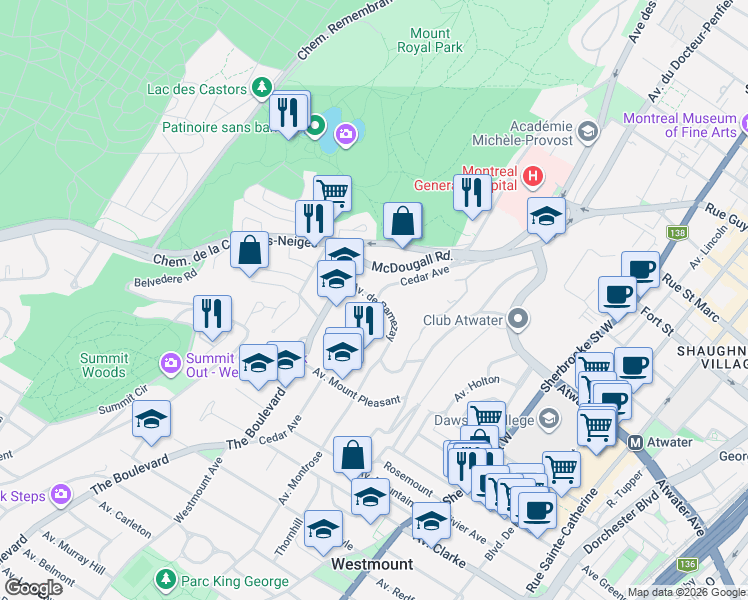 map of restaurants, bars, coffee shops, grocery stores, and more near 32 Chemin Ramezay in Montréal