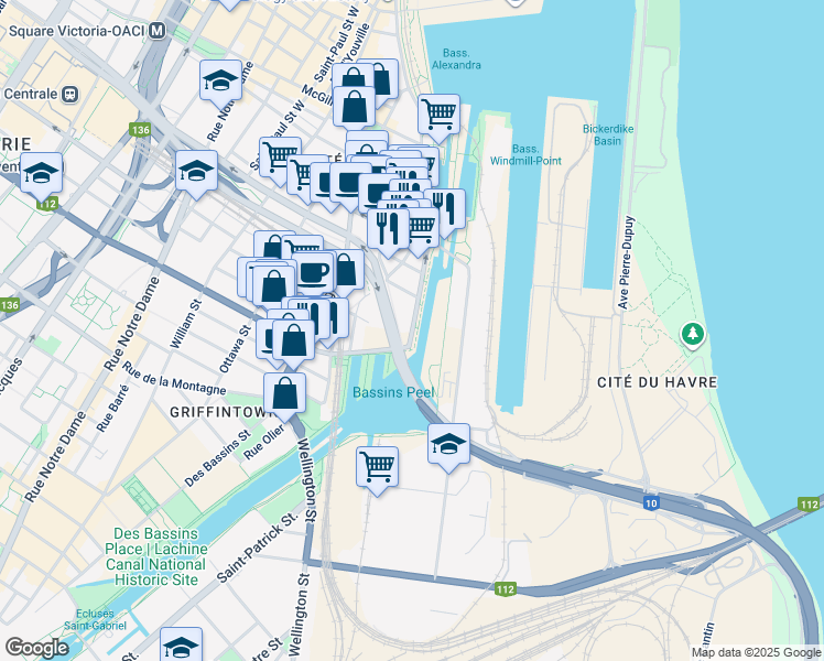 map of restaurants, bars, coffee shops, grocery stores, and more near 997 Rue de la Commune Ouest in Montréal