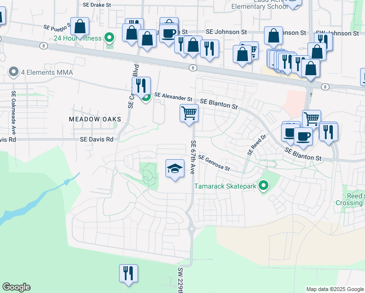 map of restaurants, bars, coffee shops, grocery stores, and more near 3658 Southeast 66th Avenue in Hillsboro