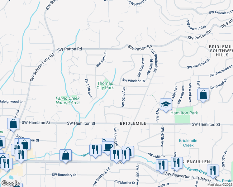 map of restaurants, bars, coffee shops, grocery stores, and more near 4040 Southwest 53rd Place in Portland