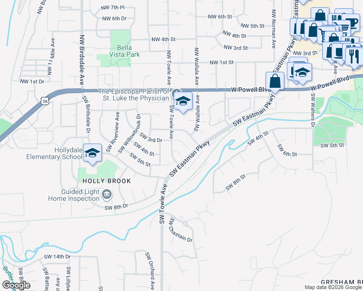 map of restaurants, bars, coffee shops, grocery stores, and more near 1434 Southwest 5th Place in Gresham