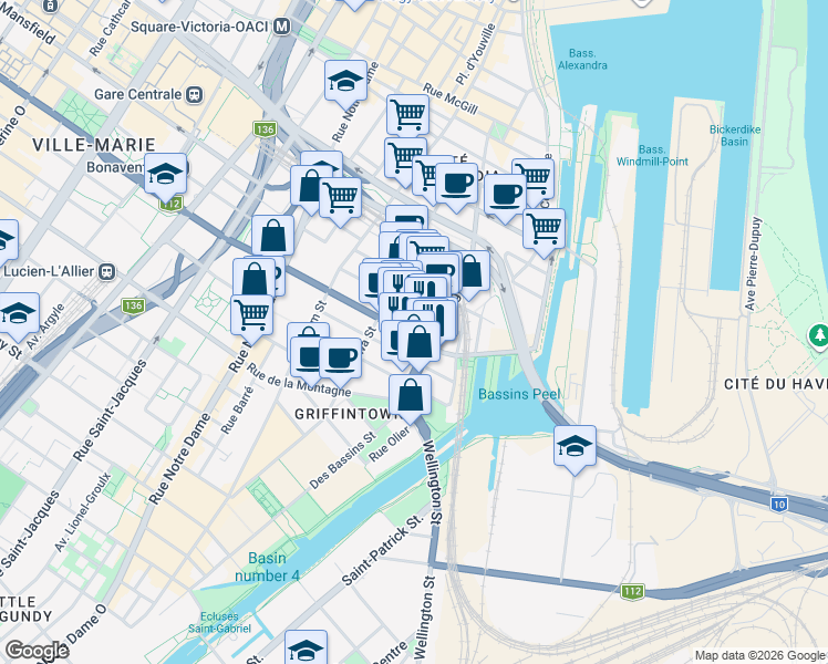 map of restaurants, bars, coffee shops, grocery stores, and more near 195 Rue Peel in Montréal