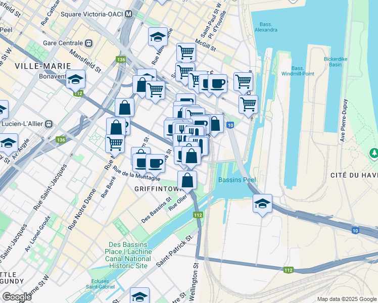 map of restaurants, bars, coffee shops, grocery stores, and more near 195 Rue Peel in Montréal