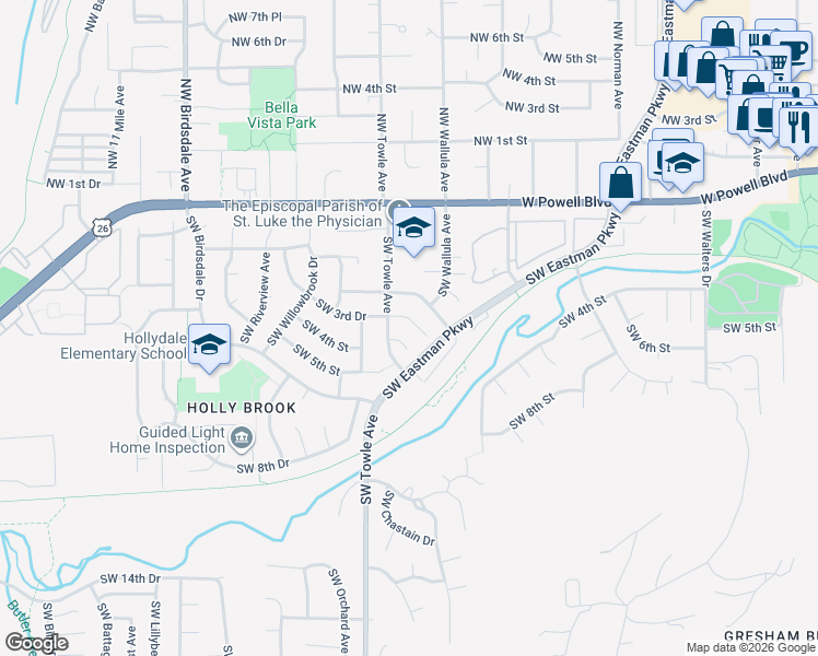map of restaurants, bars, coffee shops, grocery stores, and more near 1434 Southwest 5th Place in Gresham