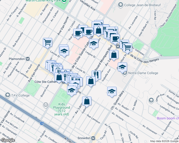map of restaurants, bars, coffee shops, grocery stores, and more near 4570 Avenue Saint-Kevin in Montrã©Al