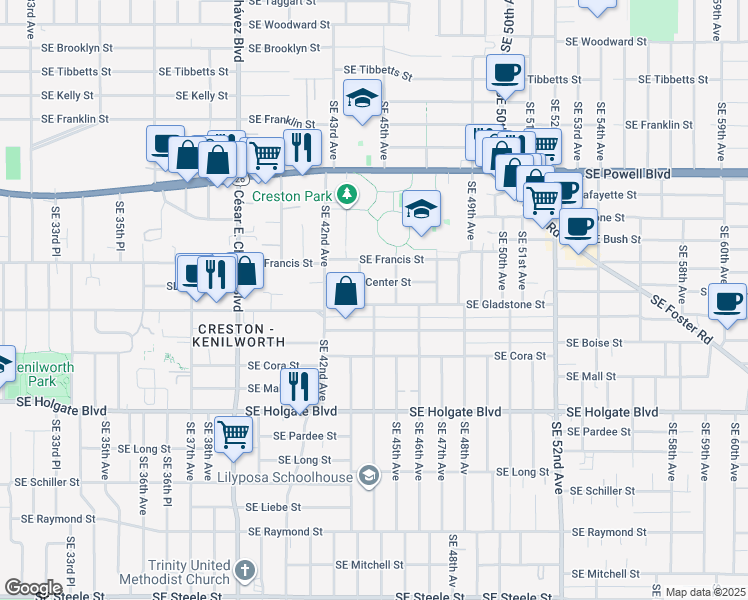 map of restaurants, bars, coffee shops, grocery stores, and more near 4419 Southeast Gladstone Street in Portland