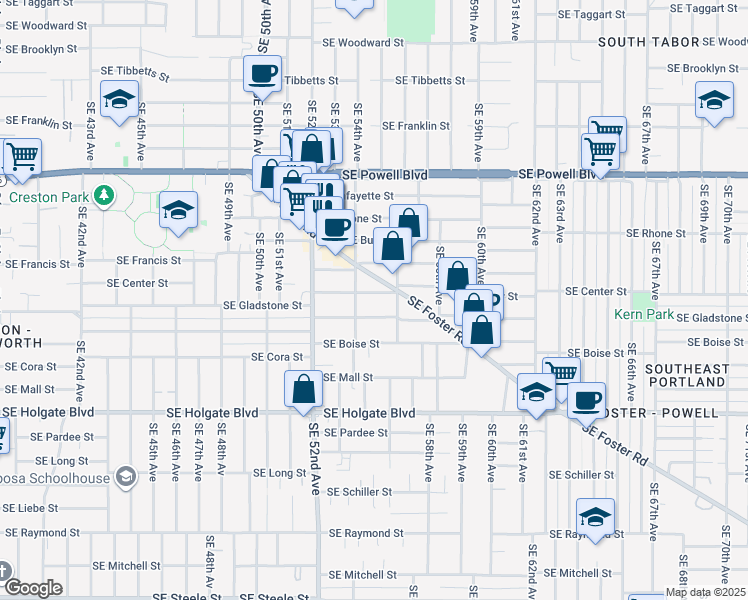 map of restaurants, bars, coffee shops, grocery stores, and more near 5504 Southeast Center Street in Portland