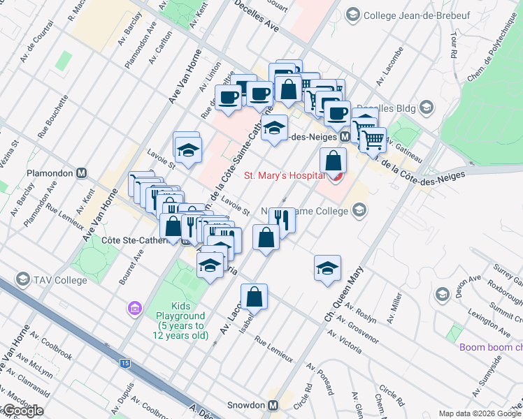 map of restaurants, bars, coffee shops, grocery stores, and more near 4570 Avenue Saint-Kevin in Montreal