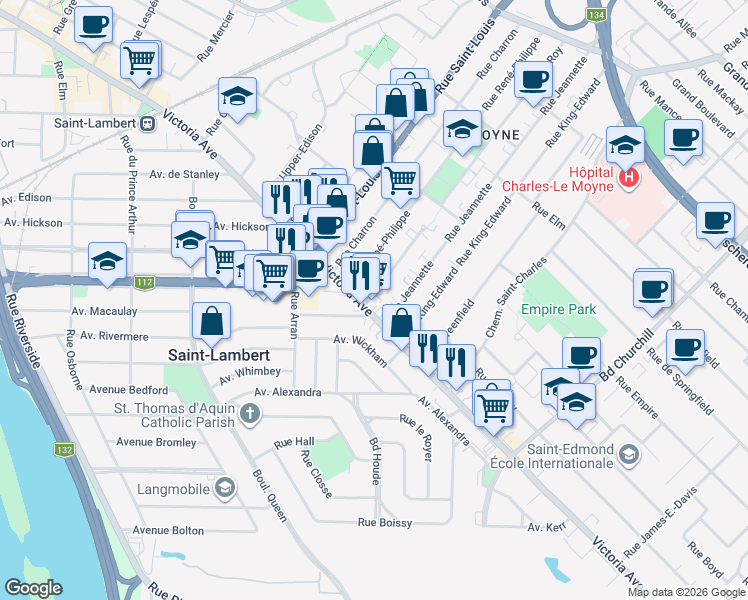 map of restaurants, bars, coffee shops, grocery stores, and more near 6 Rue Imelda-Millette in Longueuil