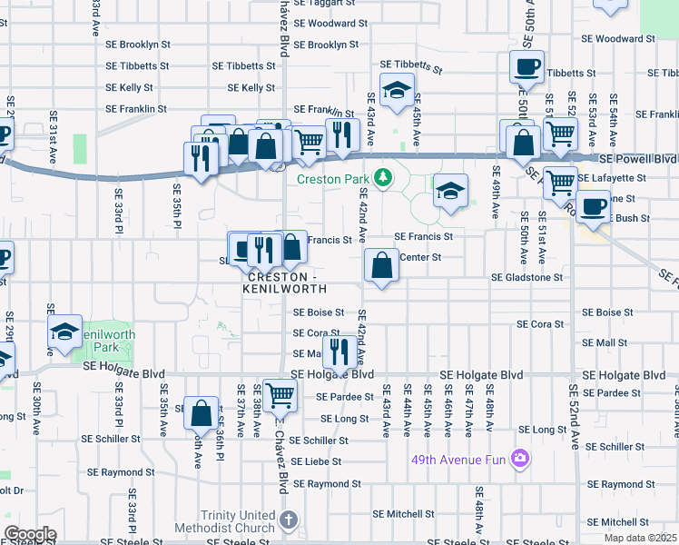 map of restaurants, bars, coffee shops, grocery stores, and more near 4041 Southeast Gladstone Street in Portland