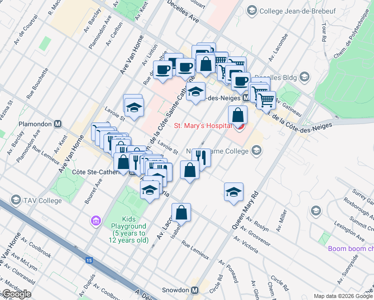 map of restaurants, bars, coffee shops, grocery stores, and more near 4570 Avenue Saint-Kevin in Montreal