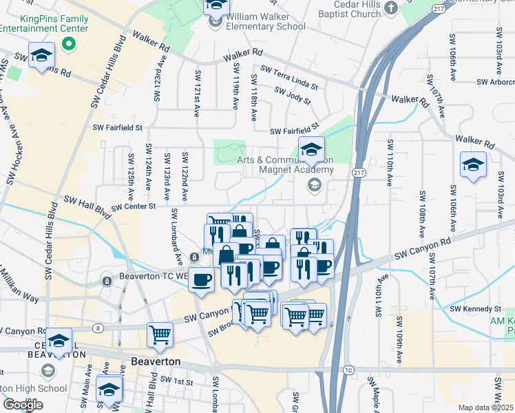 map of restaurants, bars, coffee shops, grocery stores, and more near 3620 Southwest 117th Avenue in Beaverton