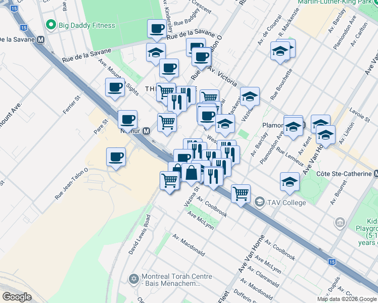 map of restaurants, bars, coffee shops, grocery stores, and more near 5301 Avenue de Courtrai in Montréal