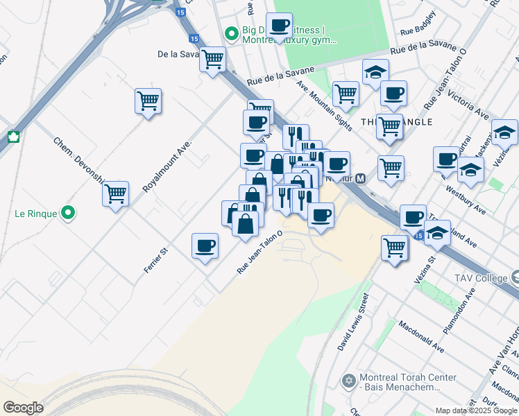 map of restaurants, bars, coffee shops, grocery stores, and more near in Mount Royal