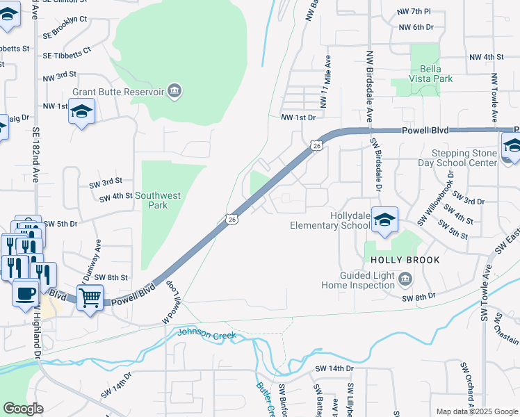 map of restaurants, bars, coffee shops, grocery stores, and more near 2948 Powell Boulevard in Gresham