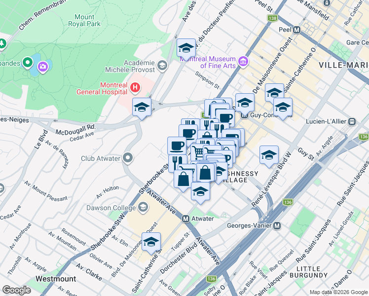 map of restaurants, bars, coffee shops, grocery stores, and more near 1931 Sherbrooke St W in Montreal