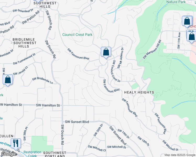 map of restaurants, bars, coffee shops, grocery stores, and more near 3264 Southwest Fairmount Boulevard in Portland