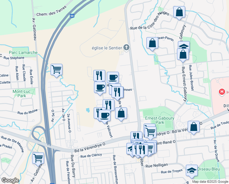 map of restaurants, bars, coffee shops, grocery stores, and more near 22 Rue de Varennes in Gatineau