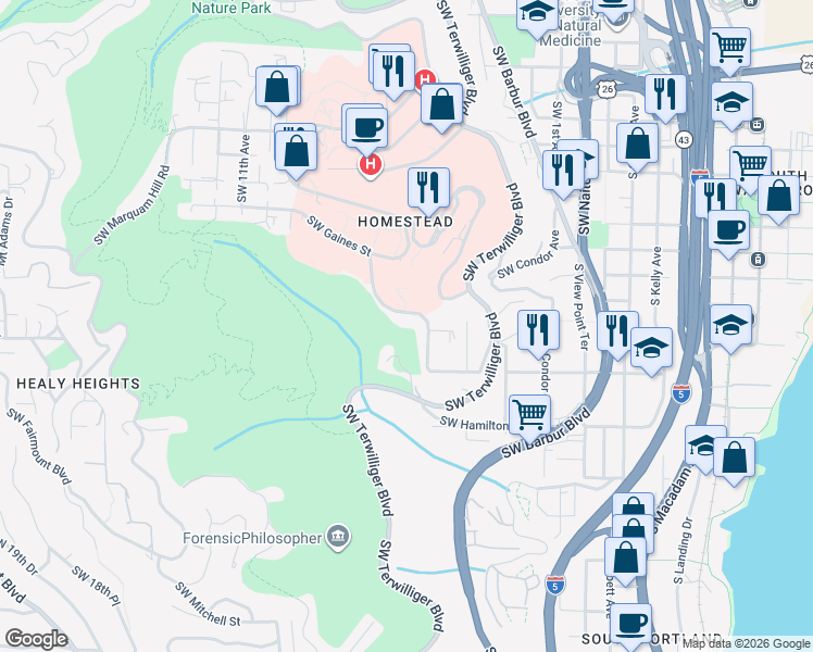 map of restaurants, bars, coffee shops, grocery stores, and more near 4041 SW 6th Ave Dr in Portland