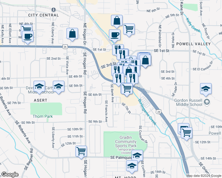 map of restaurants, bars, coffee shops, grocery stores, and more near 515 Southeast Rene Avenue in Gresham
