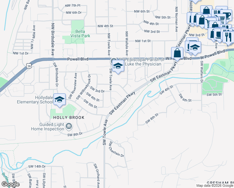 map of restaurants, bars, coffee shops, grocery stores, and more near 1471 Southwest 6th Place in Gresham