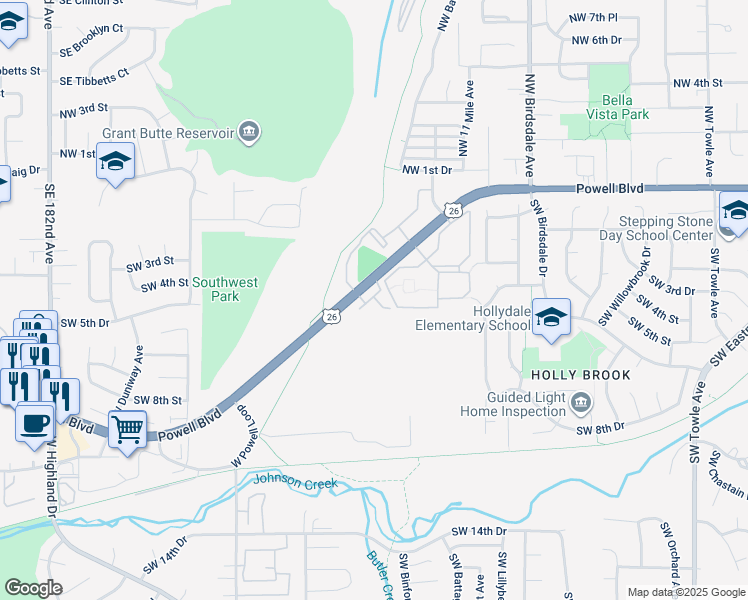 map of restaurants, bars, coffee shops, grocery stores, and more near 2948 Powell Boulevard in Gresham