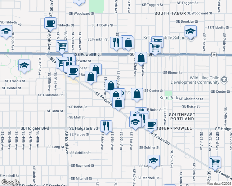 map of restaurants, bars, coffee shops, grocery stores, and more near 5909 Southeast Gladstone Street in Portland
