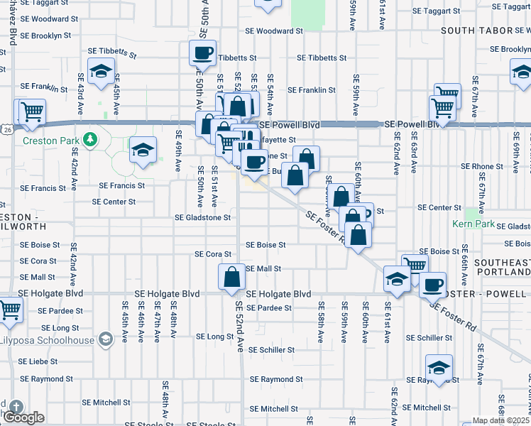 map of restaurants, bars, coffee shops, grocery stores, and more near 5403 Southeast Gladstone Street in Portland