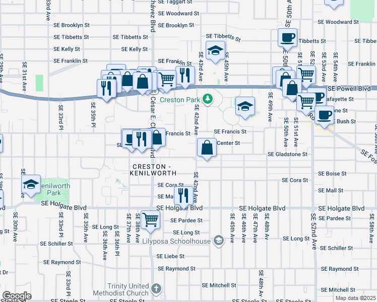 map of restaurants, bars, coffee shops, grocery stores, and more near 4135 Southeast 42nd Avenue in Portland