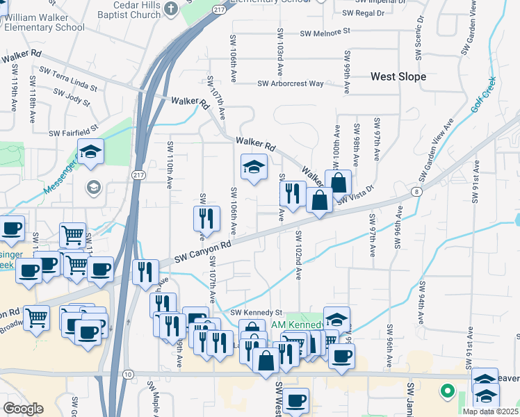 map of restaurants, bars, coffee shops, grocery stores, and more near 10395 Southwest Ridgepath Lane in Beaverton