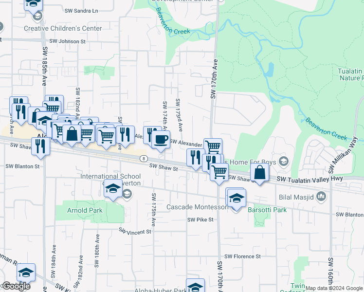 map of restaurants, bars, coffee shops, grocery stores, and more near 17210 Southwest Alexander Street in Beaverton