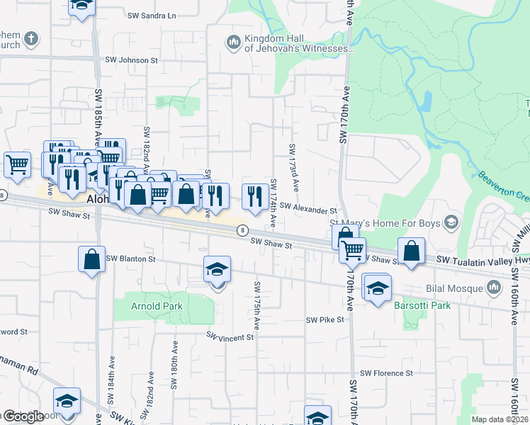 map of restaurants, bars, coffee shops, grocery stores, and more near 17531 Southwest Tualatin Valley Highway in Beaverton