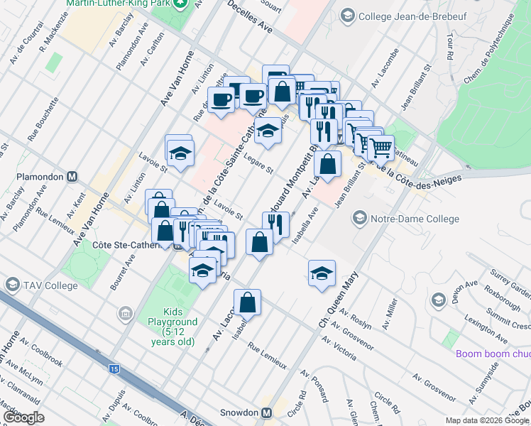 map of restaurants, bars, coffee shops, grocery stores, and more near 4265 Boulevard Édouard-Montpetit in Montréal
