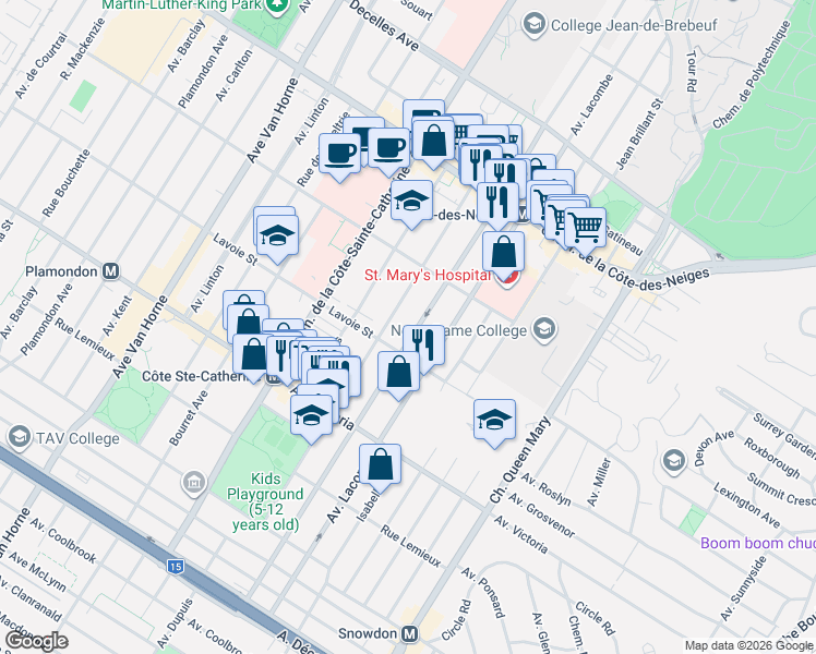 map of restaurants, bars, coffee shops, grocery stores, and more near 4265 Boulevard Édouard-Montpetit in Montréal