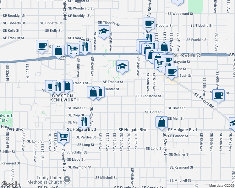 map of restaurants, bars, coffee shops, grocery stores, and more near 4515 Southeast Gladstone Street in Portland