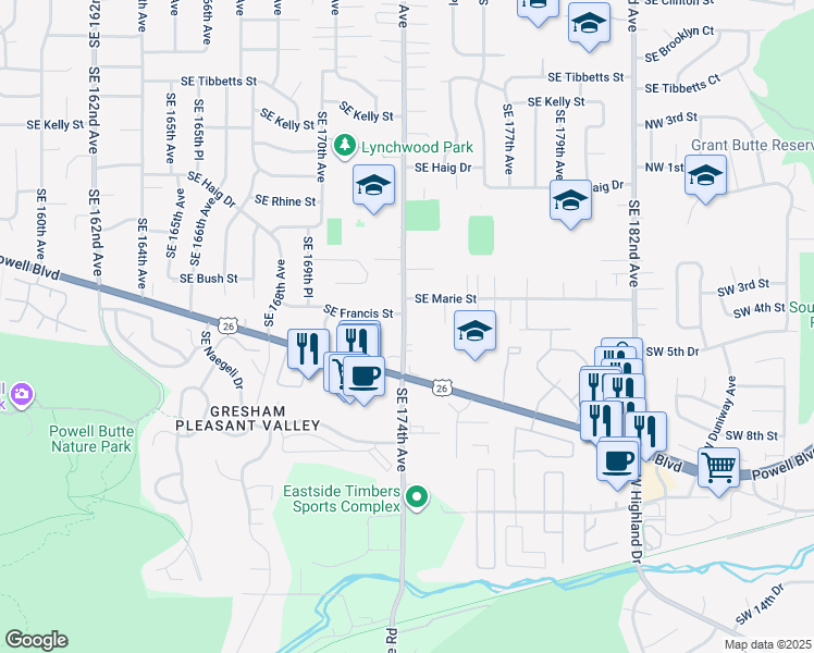 map of restaurants, bars, coffee shops, grocery stores, and more near 3970 Southeast 174th Avenue in Portland