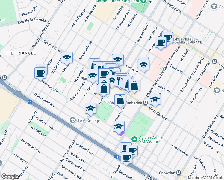 map of restaurants, bars, coffee shops, grocery stores, and more near 4810 Avenue Van Horne in Montreal
