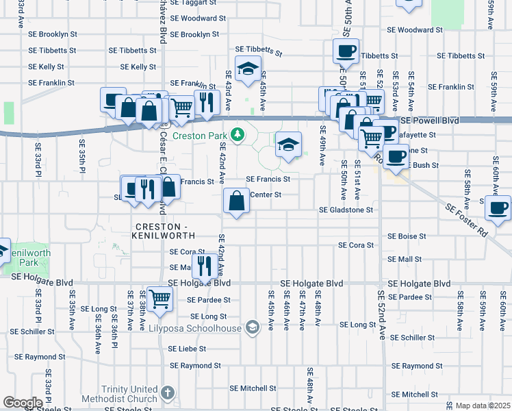 map of restaurants, bars, coffee shops, grocery stores, and more near 4419 Southeast Gladstone Street in Portland