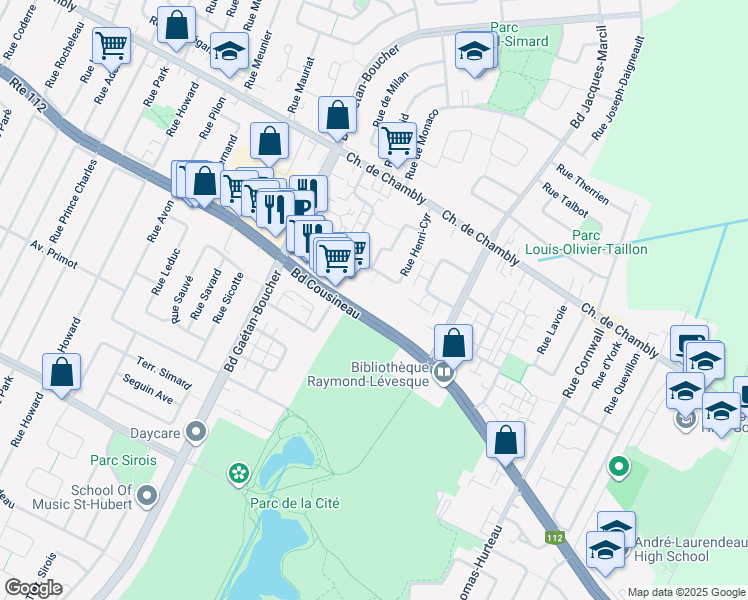 map of restaurants, bars, coffee shops, grocery stores, and more near in Longueuil