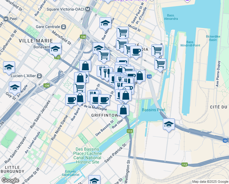 map of restaurants, bars, coffee shops, grocery stores, and more near in Montreal